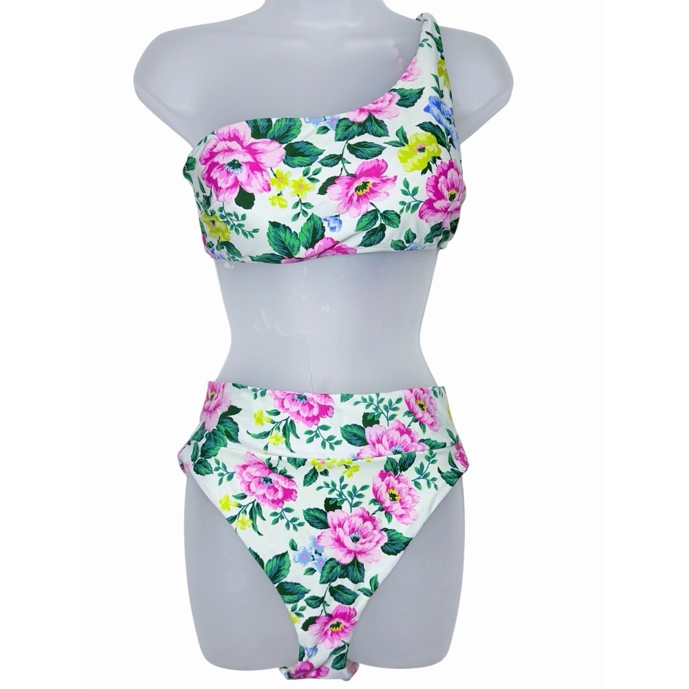 Aerie Floral One Shoulder Bikini Set M White Pink High Cut Cheeky Cottage